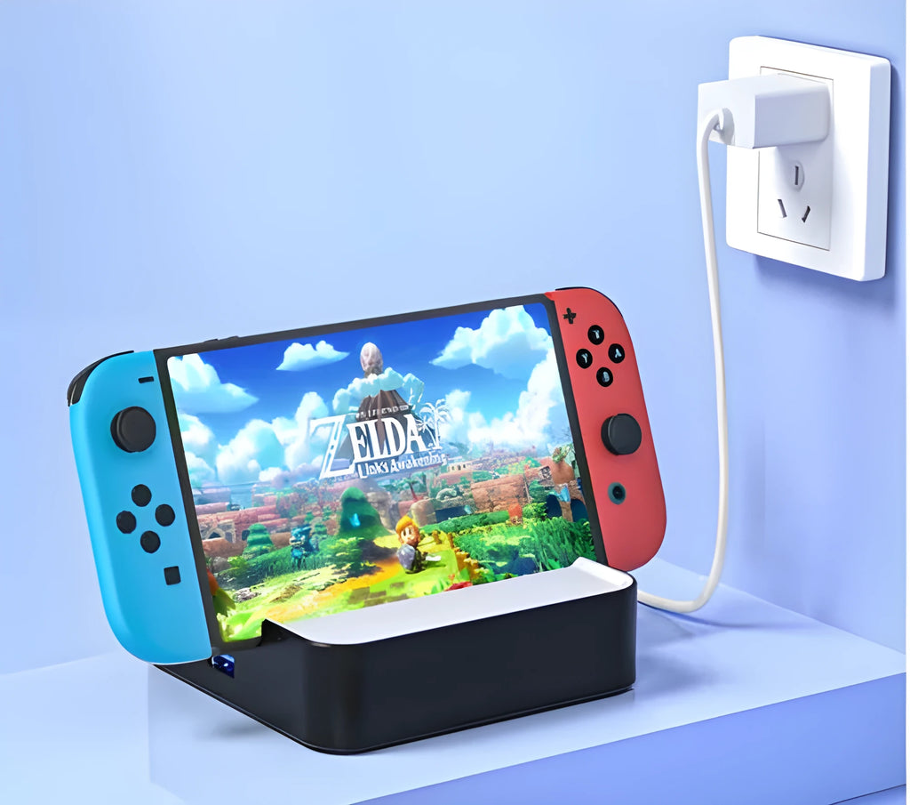 Portable game console rotary adapter with USB-C port in a silver PVC-aluminium housing.