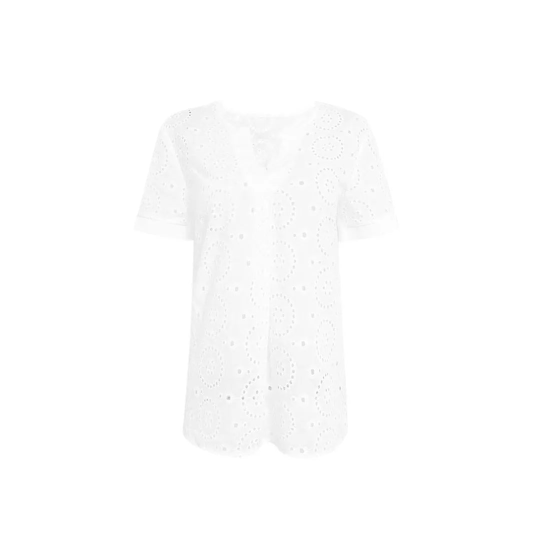 White women's V-neck T-shirt with hollow French short sleeves in loose fit