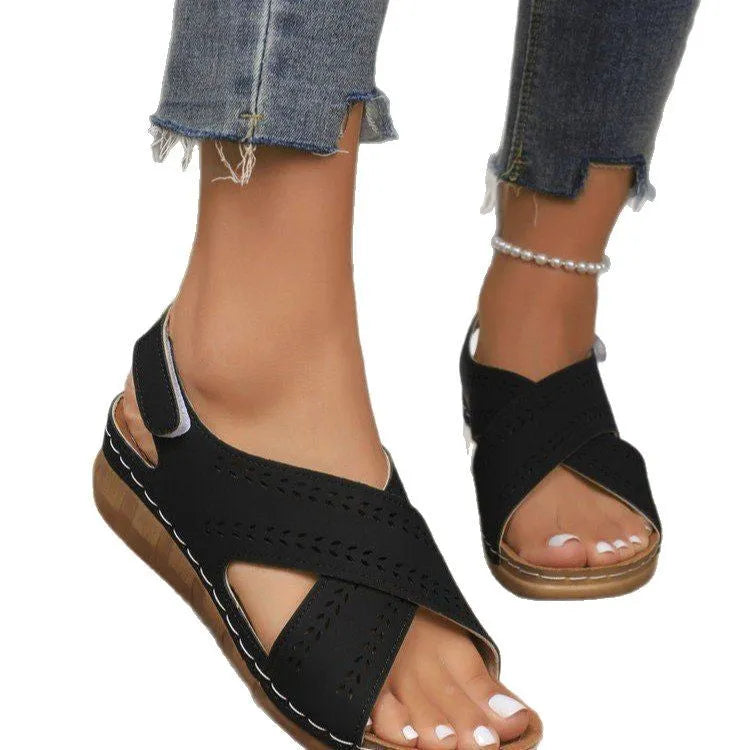 Plus size women's wedge sandals with back strap Velcro closure in white, low top round toe design
