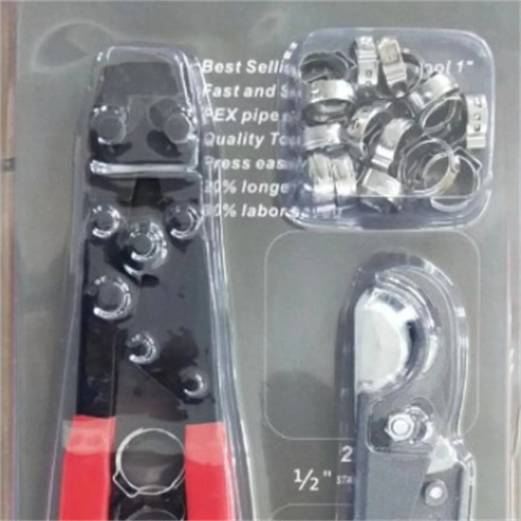 Red cloth finished single ear PEX clamp set with metal construction and carbon steel cutting edge