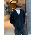 Men's army green cotton blend V-neck cardigan sweater with long sleeves in loose casual fit