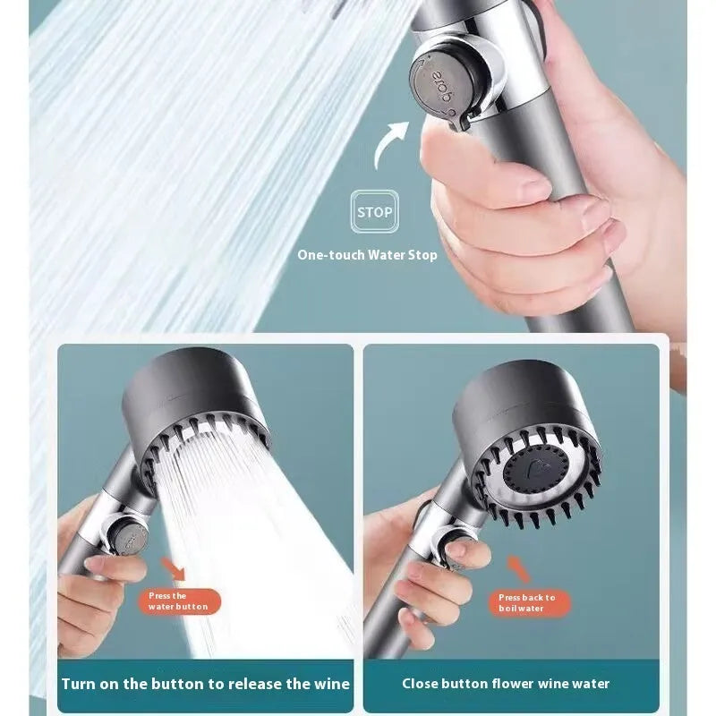 Strong Boost portable ABS plastic shower head with dial for spray, massage, and rain modes.