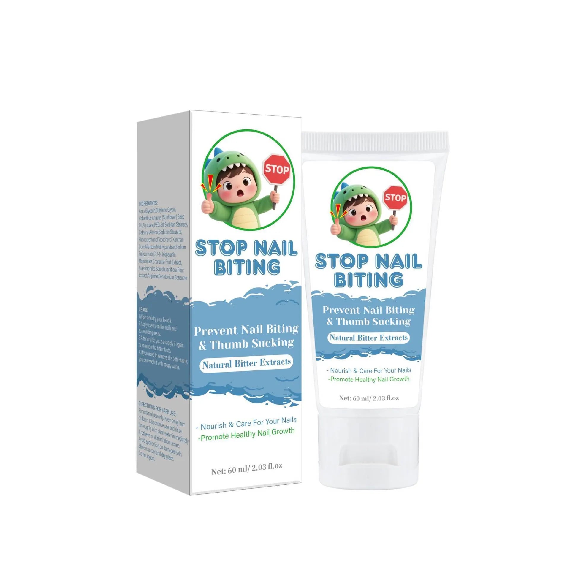 60ml bottle of nail biting deterrent cream in neutral coloured packaging