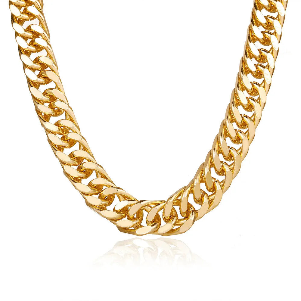 Gold women's thick chain alloy necklace measuring 32cm long and 6cm wide.