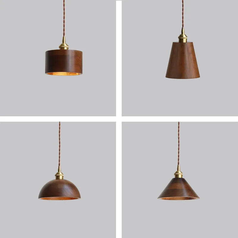 Black walnut single-head droplight chandelier with copper wood art construction.
