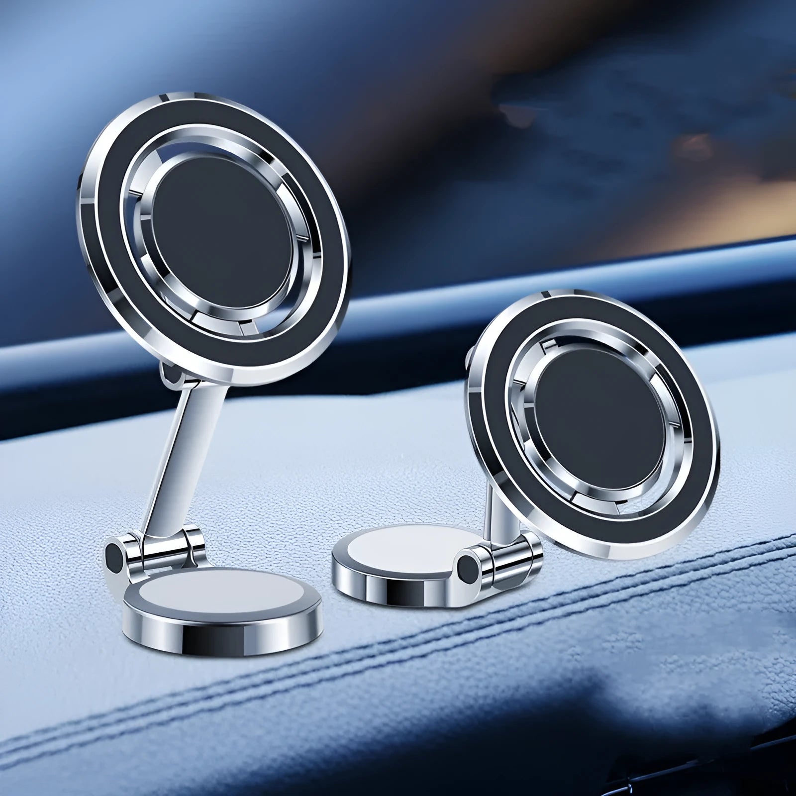Car magnetic phone holder with 360 degree rotation on instrument panel in black or silver