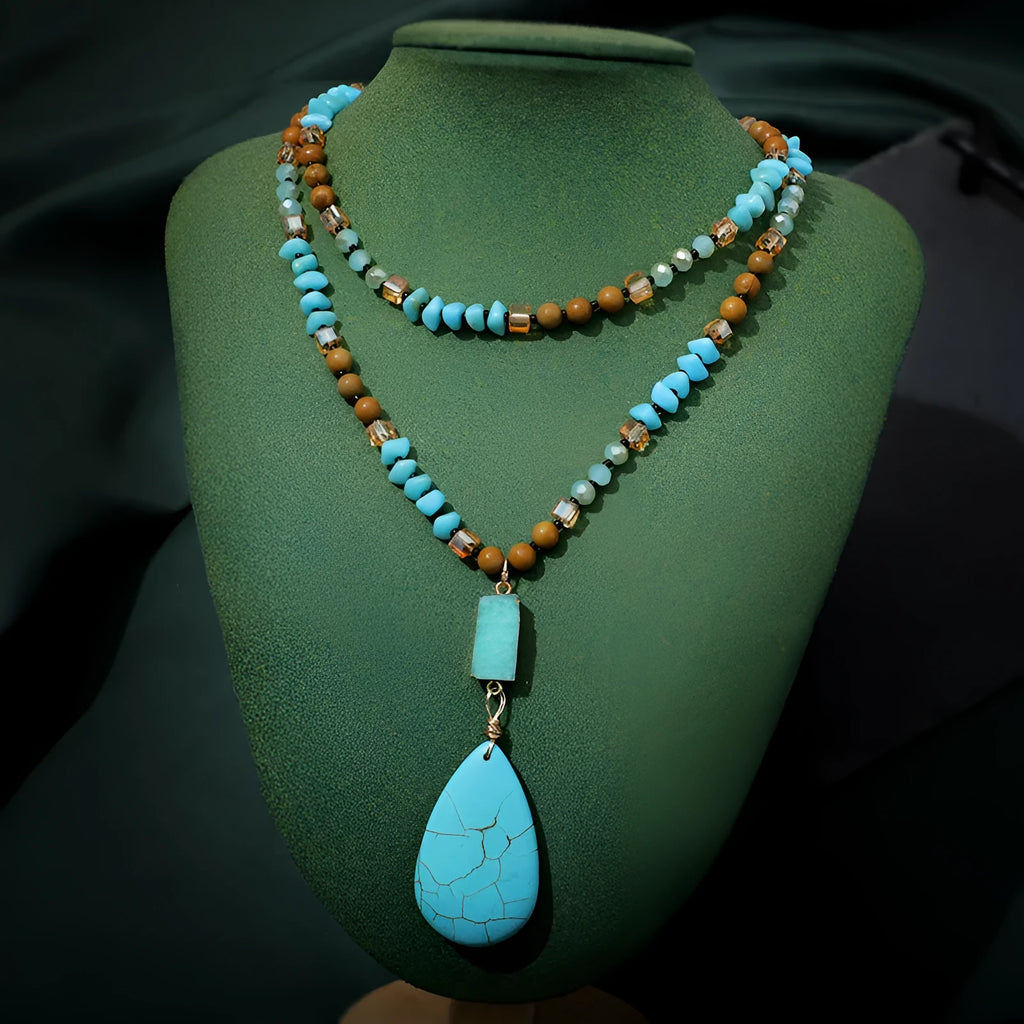 Turquoise blue imitation mineral pendant necklace with mixed gem inlaid details on ball bead chain
