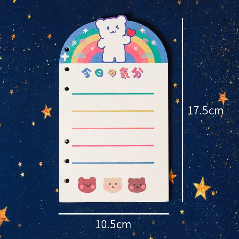 A6 size loose-leaf coil notebook with heart-themed bear design, showing coil binding and 6-hole edge.