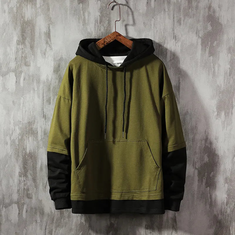 Cotton blend loose fit pullover hoodie in army green, shown flat, with long sleeves and hooded style