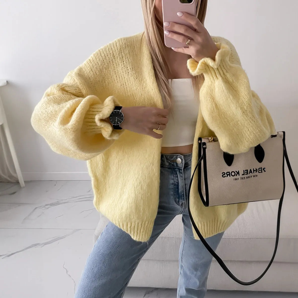 Yellow casual long-sleeved solid colour polyester shirt front view