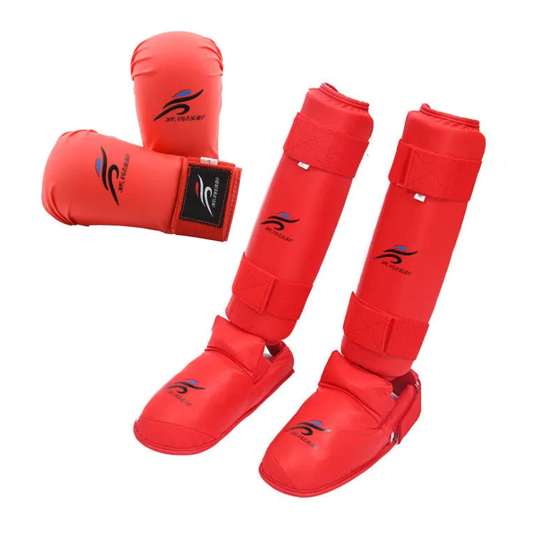 Karate Taekwondo protective gear set with blue leg guard, helmet and boxing gloves