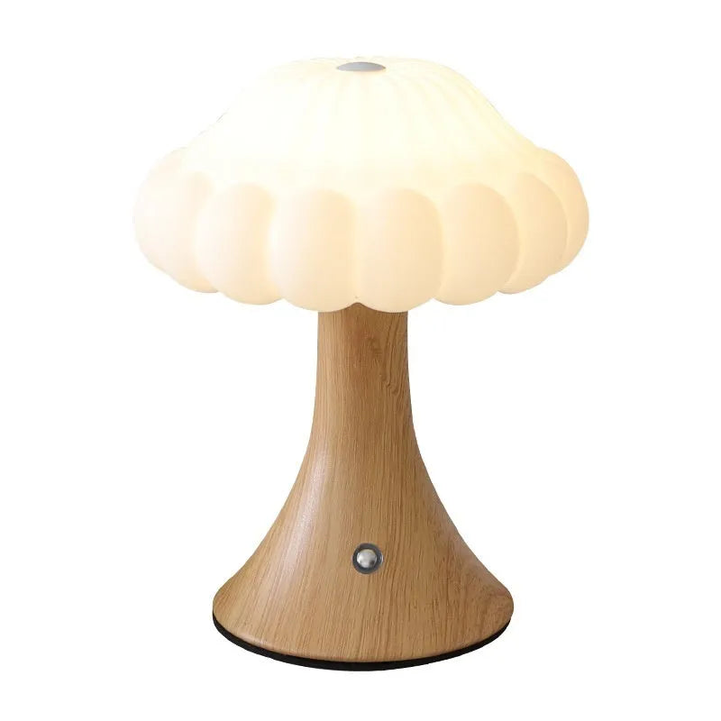 Mushroom shaped touch control night light with USB charging in wood grain colour finish