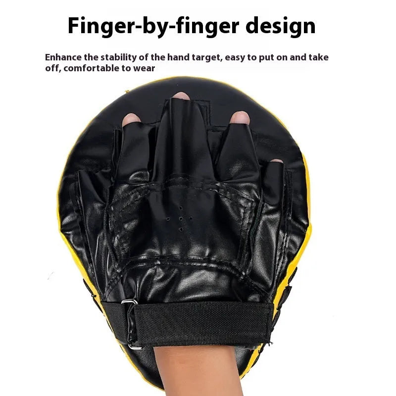 Boxing punch mitts hand target for Sanda and Muay Thai training in red, black, blue, and yellow colours.