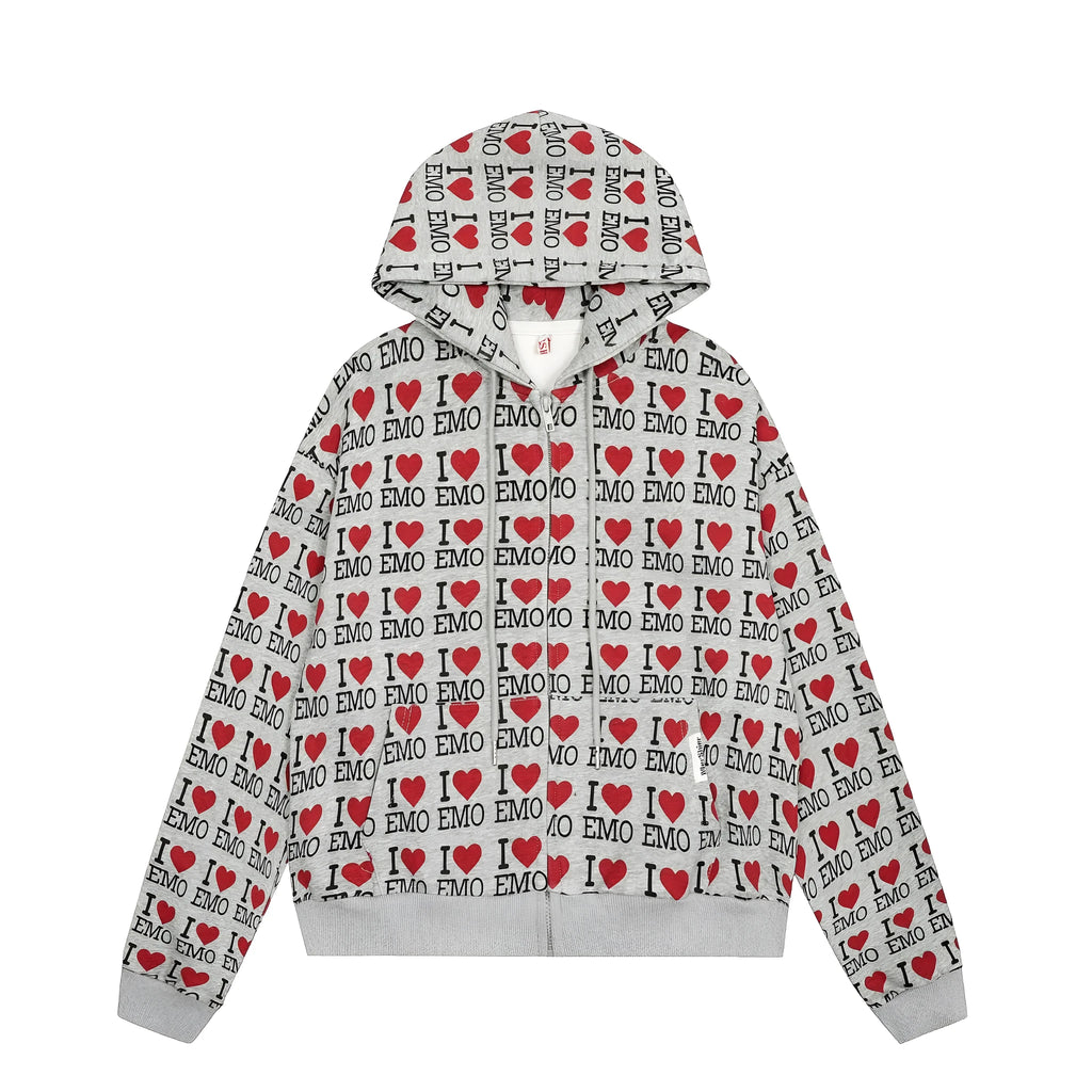 Women's mixed gray cotton hooded cardigan with retro pattern, long sleeves, and street fashion styling