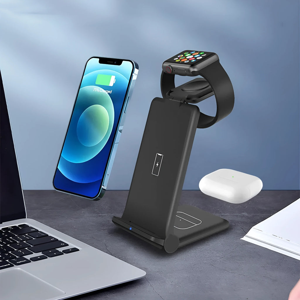 White 3-in-1 wireless charging station showing iPhone, Apple Watch, and AirPods charging simultaneously