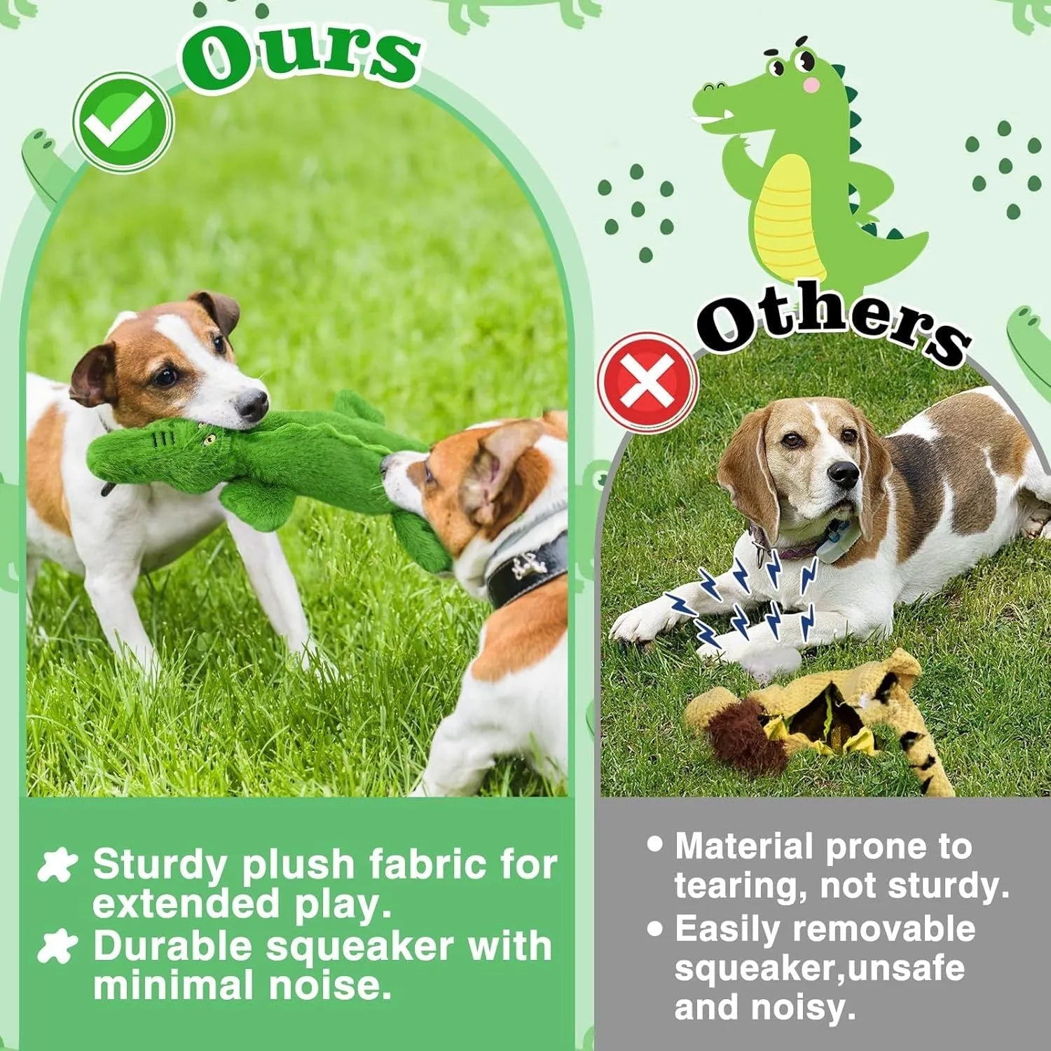 Green crocodile plush dog toy with no stuffing, for aggressive chewers with squeaker and crinkle sounds.