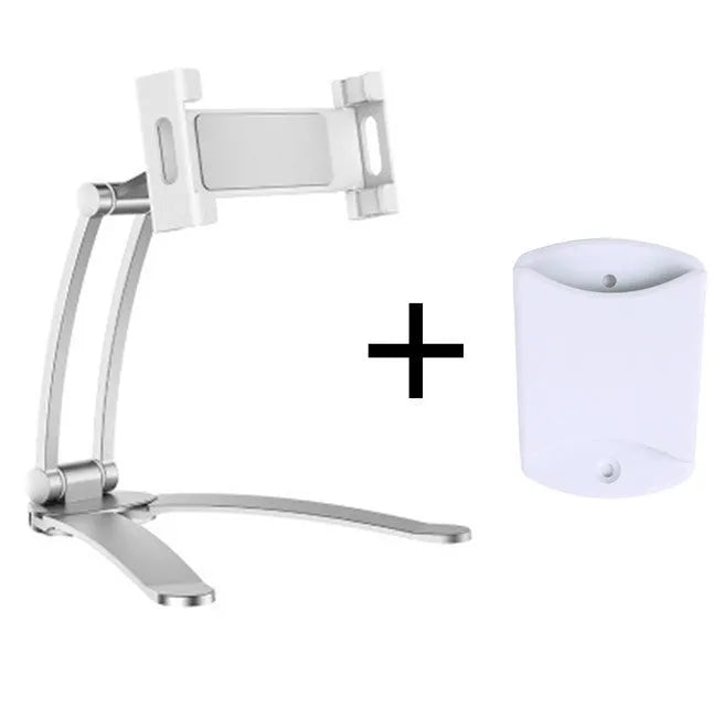 Silver aluminium alloy tablet stand holding a tablet, showing its 360-degree adjustable hinge and chuck system.