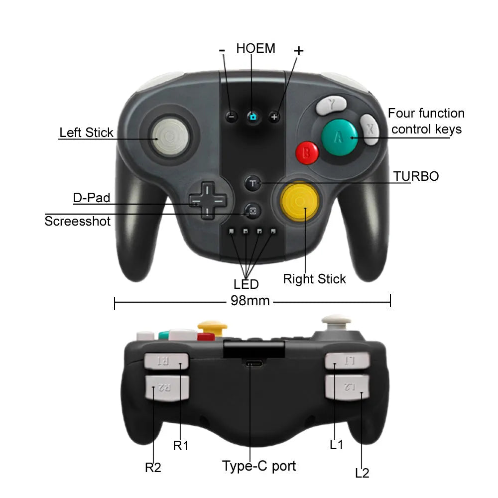 Black wireless gamepad controller with NFC for Nintendo Switch and Windows PC gaming