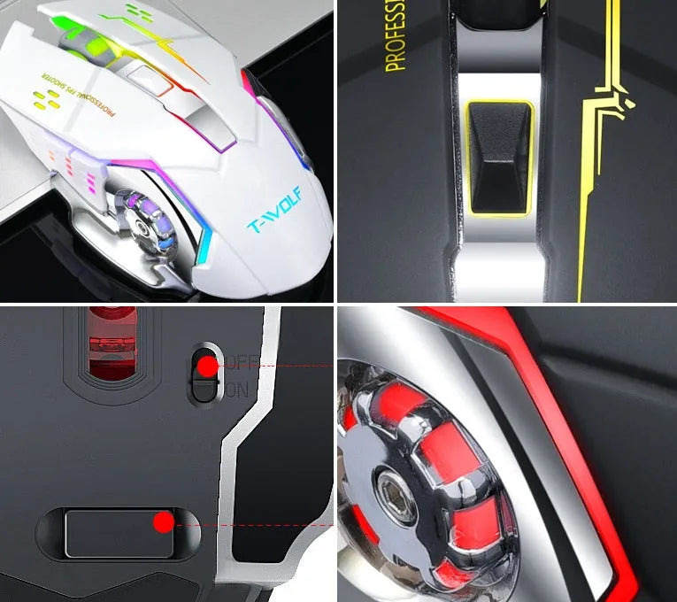 Wireless charging computer mouse with mute click buttons in black or white colour