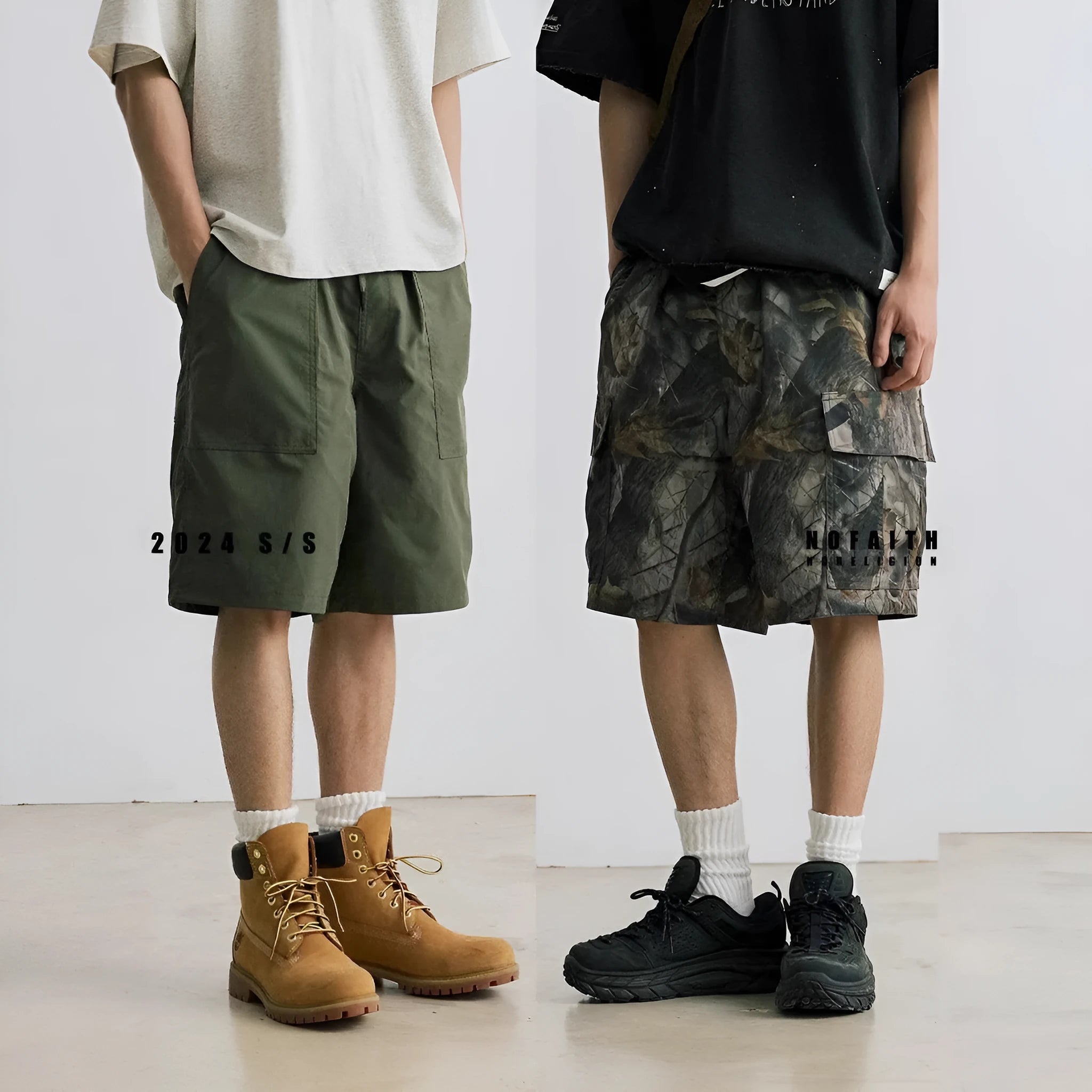 Loose straight-leg denim shorts with micro-elastic waistband in black and army green colour options