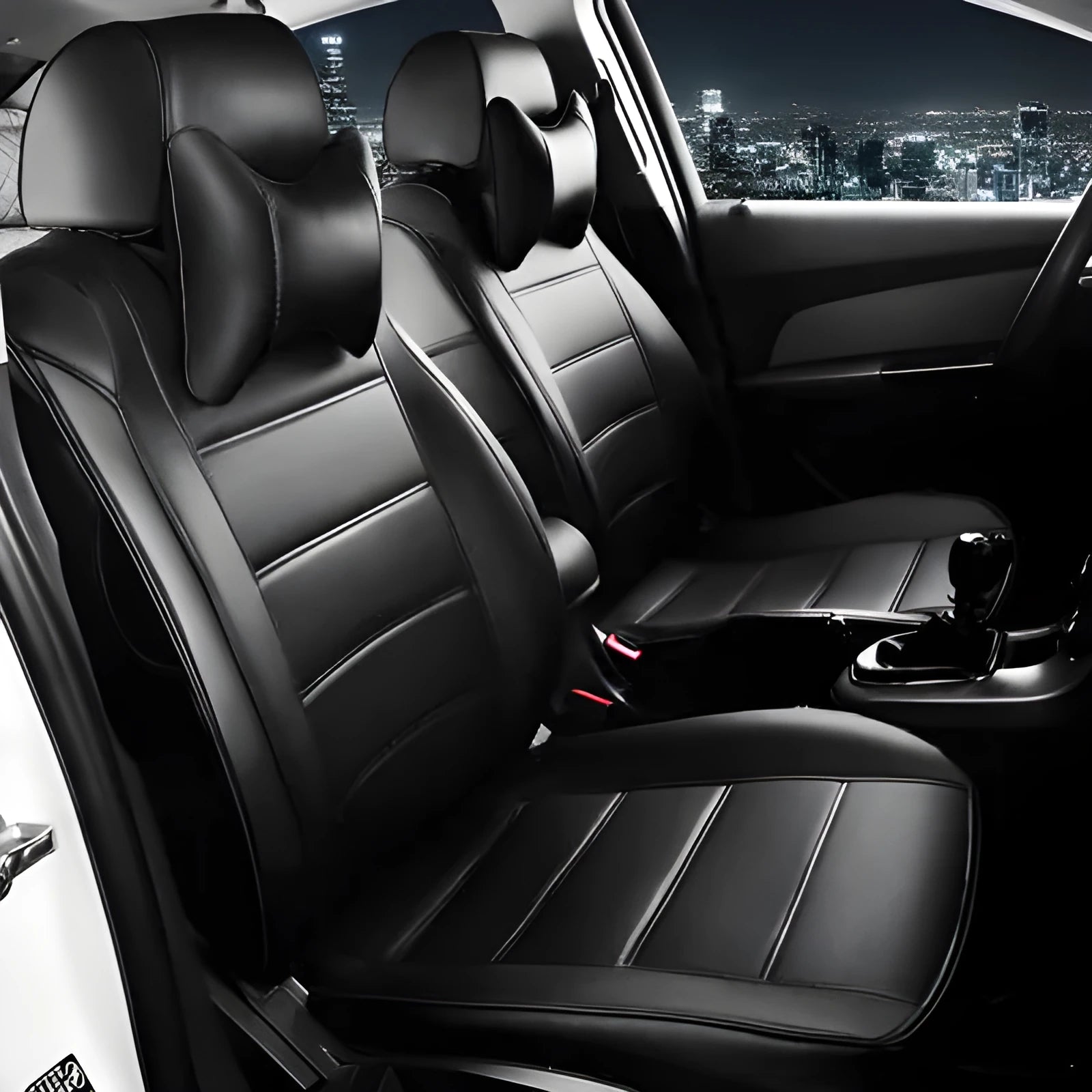 Cow leather car seat cover in black with red line binding style