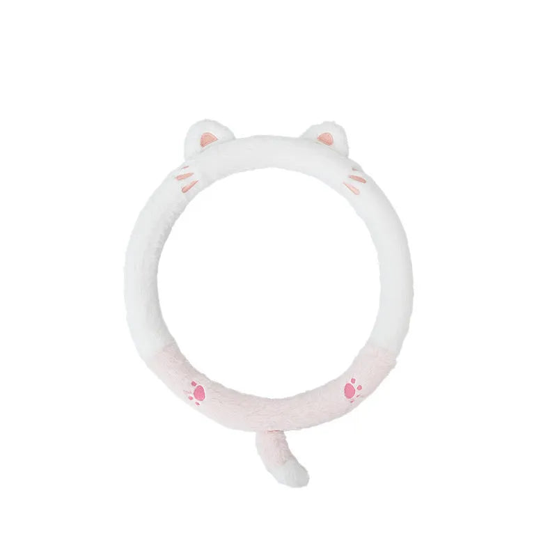 Plush rabbit fur-style steering wheel cover with embroidered cartoon animal design for winter use