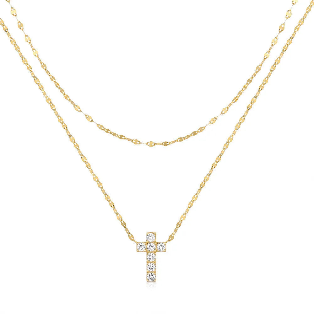 S925 sterling silver double layer twin diamond cross pendant on a clavicle chain, shown in gold and white gold finishes.