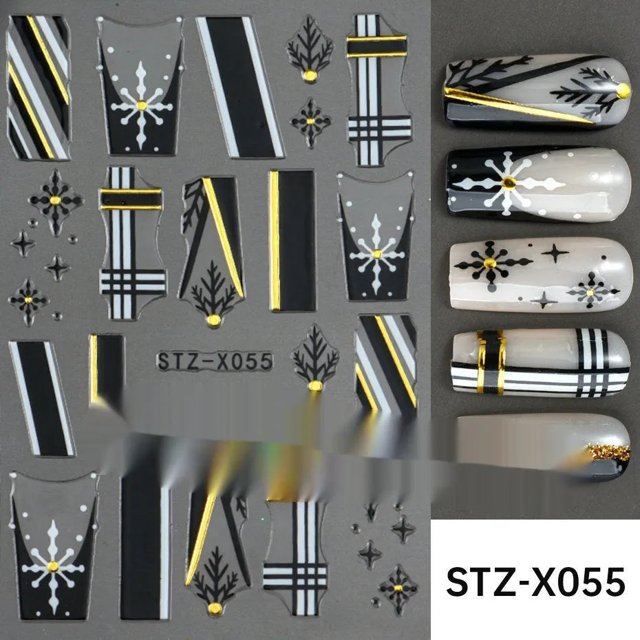 Set of 60 black and silver cartoon pattern nail strip stickers with plastic application patch.