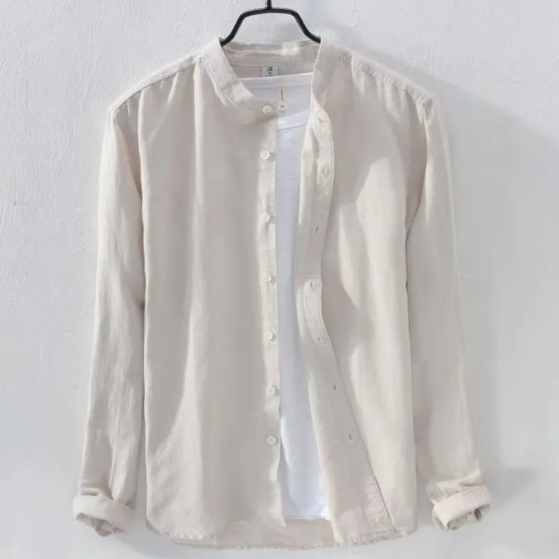 Men's loose fit long sleeve linen cotton shirt in solid colours on a hanger