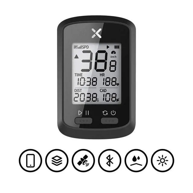 Black waterproof bicycle stopwatch with digital display mounted on bike handlebars.