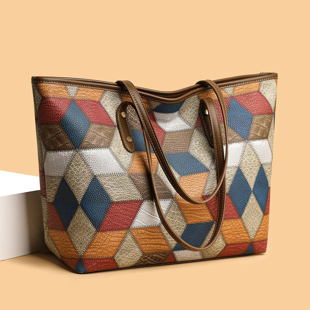 Women's large capacity PVC handbag in blue-brown colour with outer sandwich pockets