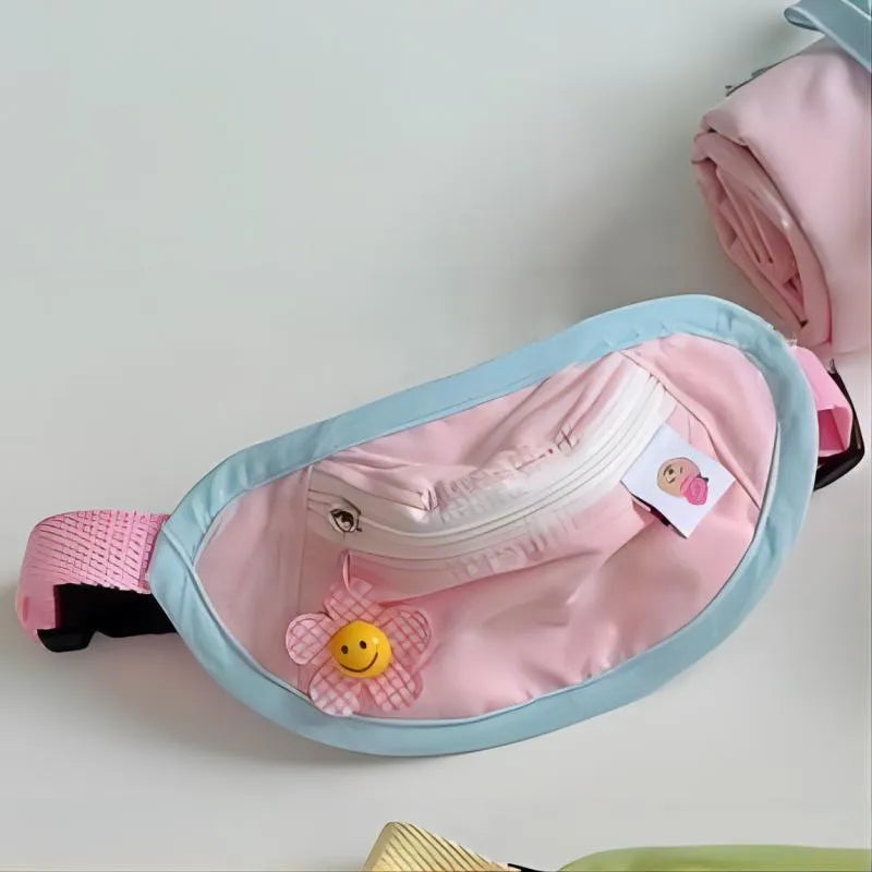 Powder blue backpack-style poop bag dispenser attached to a dog harness.