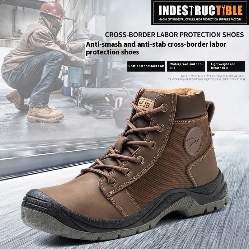Orange leather labour protection safety shoes with rubber sole on a workbench