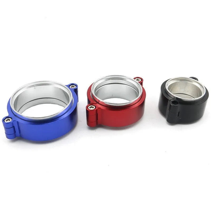 Aluminium fixed movement exhaust clamp for car turbine downspouts in black, blue, or red.