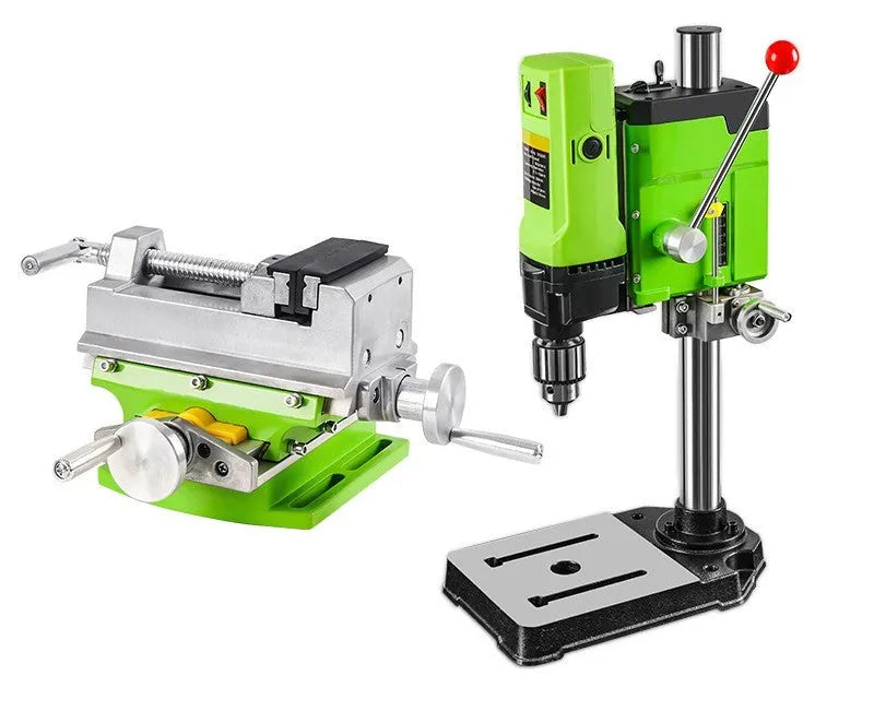 Mini bench drill and milling machine with heavy-duty cross bench pliers on workshop bench