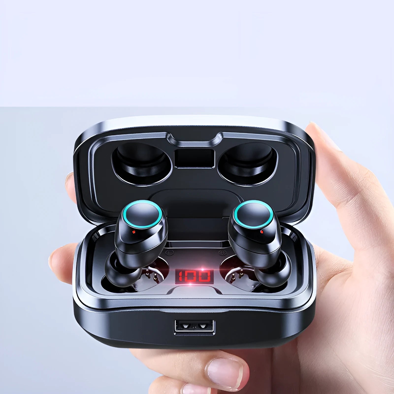 Black wireless Bluetooth in-ear earphones with red and blue colour options displayed