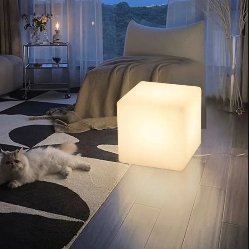 Modern LED cube light stool with waterproof IP65 rating for outdoor garden or patio use