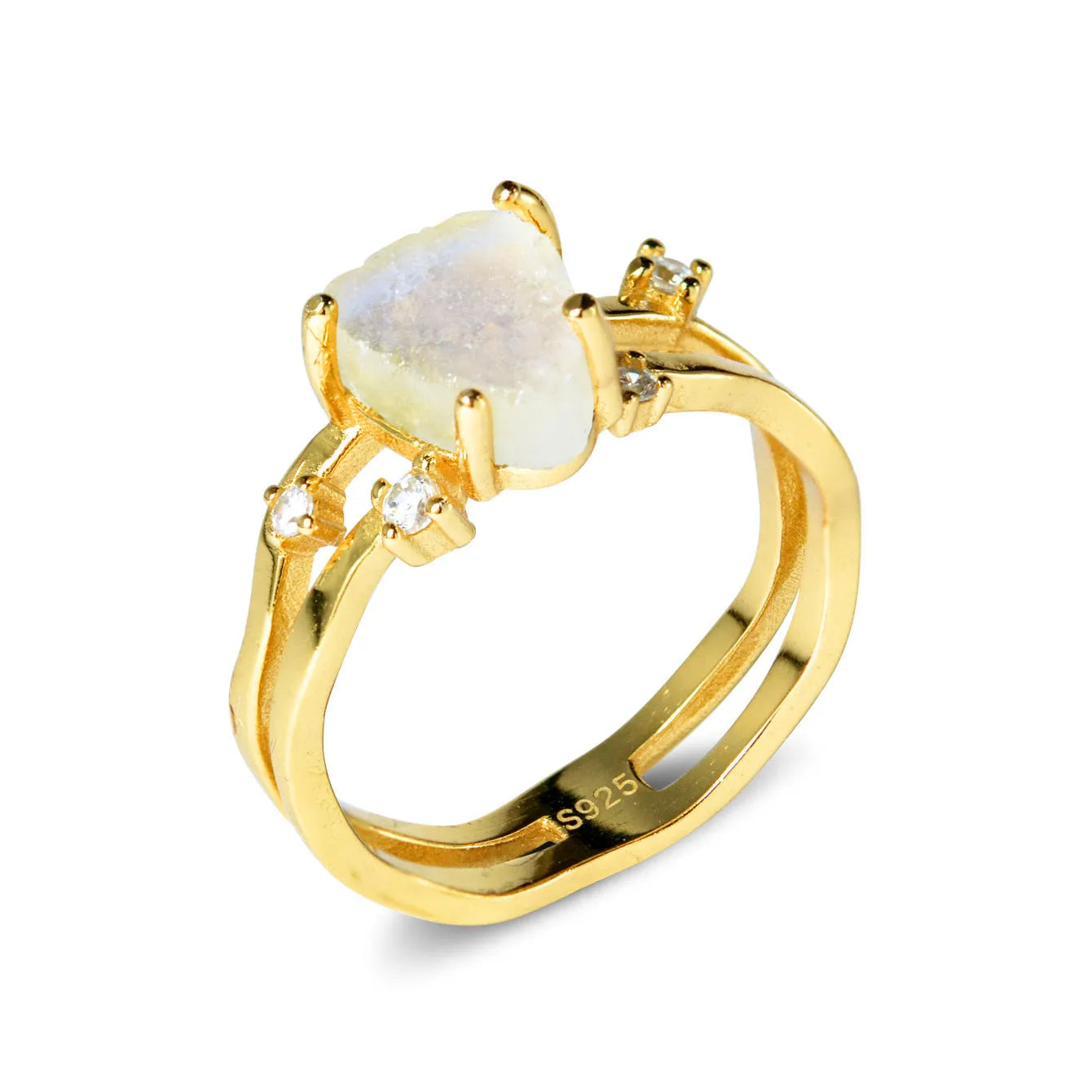S925 silver ring with an irregular triangle shape holding a moonstone, shown in a rose gold electroplated finish.