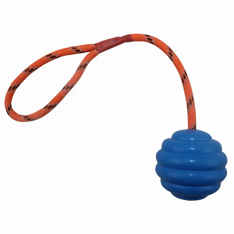 Multi-colour rubber dog toy ball with rope knot attachment for interactive training