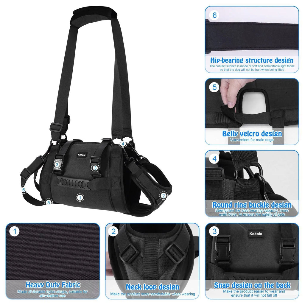 Black Oxford cloth dog rehabilitation harness showing breast strap design on size chart.