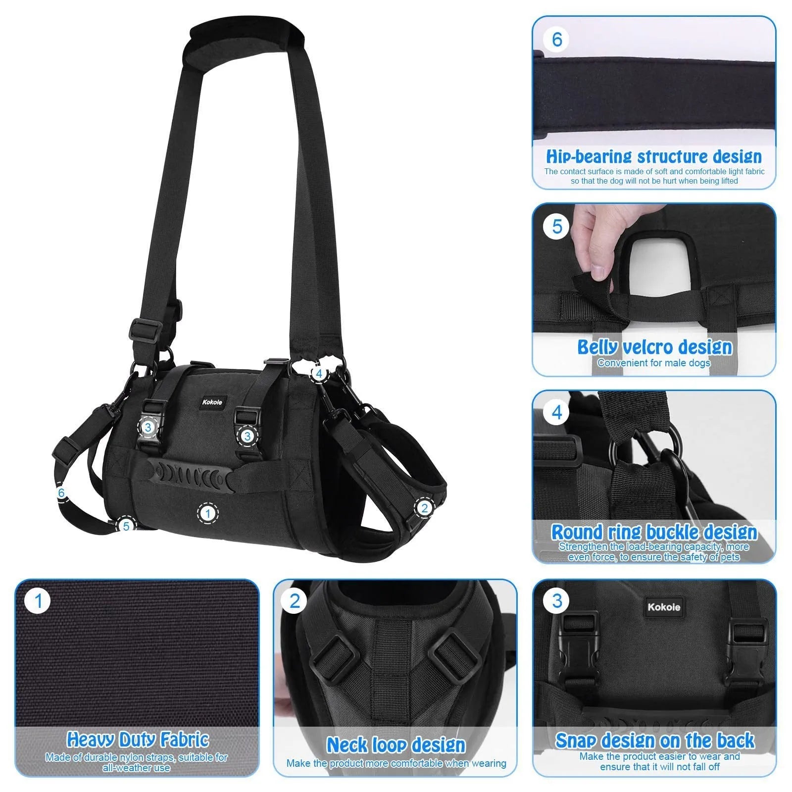 Black Oxford cloth dog rehabilitation harness showing breast strap design on size chart.