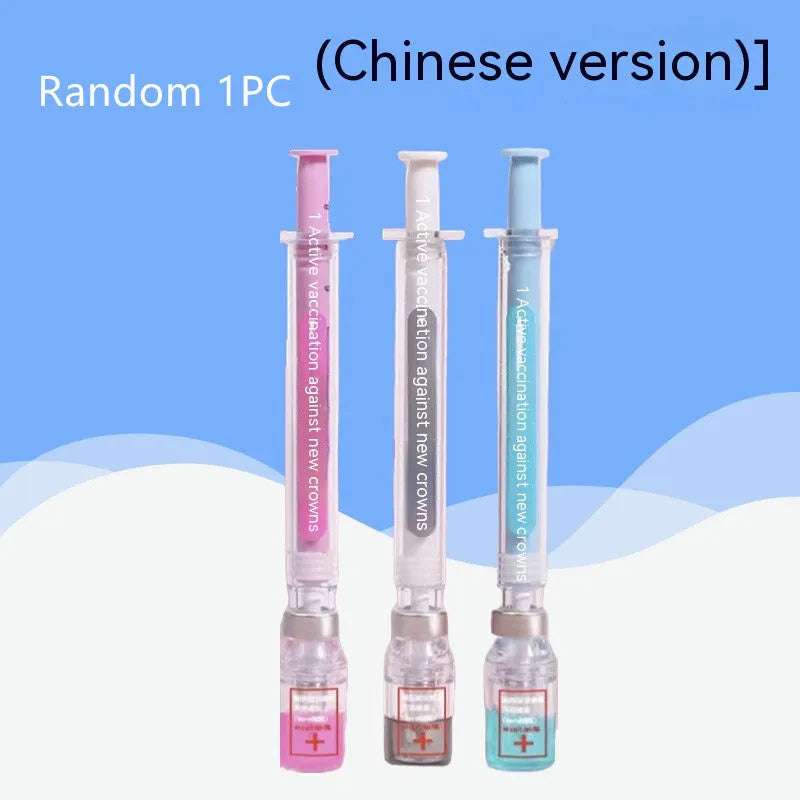 White and blue vaccine pen design gel pen with cap, shown next to a black full needle tube refill.