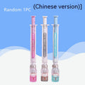 White and blue vaccine pen design gel pen with cap, shown next to a black full needle tube refill.
