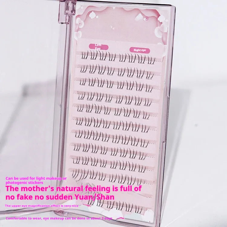 Segmented artificial eyelashes showing sheer root to pointed tail design in 12-row configuration