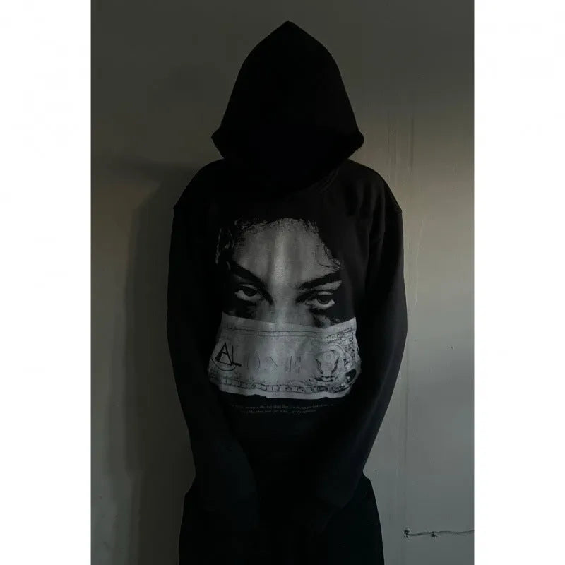 Women's dark printed cartoon pattern hooded sweater, loose fit, polyester fabric, black, sizes S to 5XL