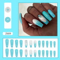 Solid blue long ballet shaped false nail patches with glue bottle