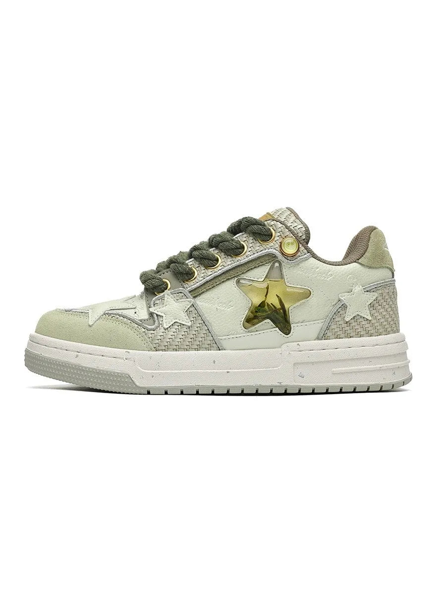 Cowhide leather unisex platform running shoes in West Lake dragon well tea colour with lace-up front.