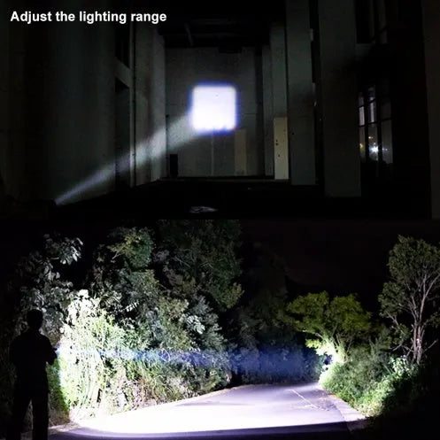 Small black aluminium alloy LED flashlight with telescopic zoom head and pocket clip.