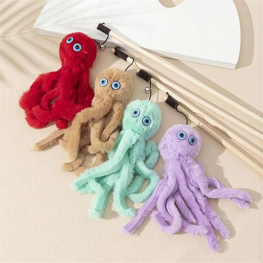 Colourful octopus cat toy with long stick for indoor feline entertainment