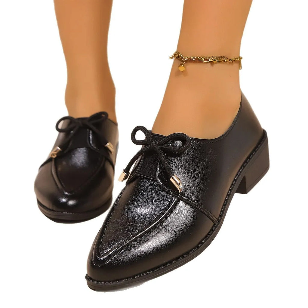 Women's simple brown leather-style loafers with a choice of big bow or small bowknot decoration.